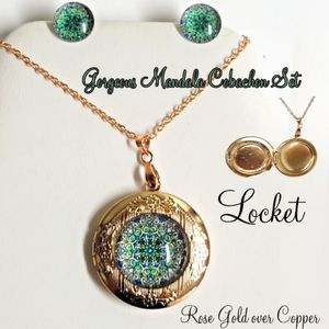 ROSE GOLD OVER COPPER 20" Chain w Mandala cobachon Locket & earrings. Handmade